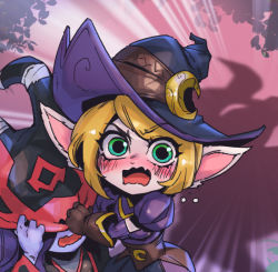 Rule 34 | 2girls, bewitching tristana, black dress, black gloves, black hair, black headwear, blush, crescent, dress, emphasis lines, fang, gloves, green eyes, hat, hiding, horns, league of legends, long hair, lulu (league of legends), multiple girls, open mouth, phantom ix row, pointy ears, puffy short sleeves, puffy sleeves, red headwear, shadow, short hair, short sleeves, skin fang, teemo, tristana, wicked lulu, witch hat, yordle