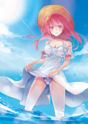 Rule 34 | 1girl, bad id, bad pixiv id, bare shoulders, blue sky, blush, breasts, choker, cleavage, clothes lift, cloud, cloudy sky, commentary request, day, dress, dress lift, hat, highres, in water, lifted by self, long hair, looking at viewer, medium breasts, memai, ocean, original, pink eyes, pink hair, sky, solo, standing, sun hat, sunlight, wading, white dress