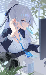 Rule 34 | 1girl, absurdres, ai dongdong, black jacket, breast rest, breasts, bronya zaychik, bronya zaychik (silverwing: n-ex), cleavage, crossed bangs, cup, earrings, electric fan, food, food in mouth, from side, grey eyes, grey hair, grey shirt, hair between eyes, hair ribbon, hand on own ear, hand rest, hand up, highres, honkai (series), honkai impact 3rd, id card, indoors, jacket, jewelry, keyboard (computer), lanyard, large breasts, long hair, looking ahead, monitor, mug, office lady, plant, ponytail, popsicle, popsicle in mouth, ribbon, shirt, sidelocks, solo, upper body, window blinds