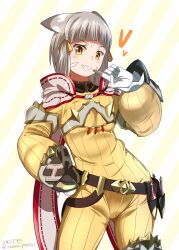 Rule 34 | 1girl, :d, animal ears, belt, bodysuit, brown hair, cape, cat ears, cat girl, dagger, gloves, grin, highres, knife, long sleeves, looking at viewer, nia (xenoblade), open mouth, samu poteto, sheath, sheathed, smile, solo, teeth, two-tone background, weapon, white background, white cape, white gloves, xenoblade chronicles (series), xenoblade chronicles 2, yellow background, yellow bodysuit, yellow eyes