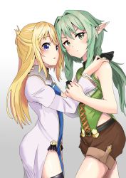 Rule 34 | 10s, 2girls, absurdres, bare shoulders, black legwear, black ribbon, blonde hair, blue eyes, blush, brown shorts, commentary, cowboy shot, from side, frown, goblin slayer!, gradient background, green eyes, green hair, grey background, hair ribbon, high elf archer (goblin slayer!), highres, jtleeklm, long hair, long sleeves, looking at viewer, multiple girls, open mouth, pointy ears, priestess (goblin slayer!), ribbon, short shorts, shorts, thighhighs, white background, yuri