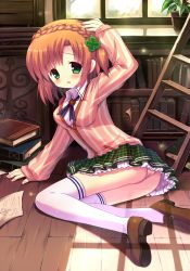 Rule 34 | 1girl, arm support, ass, bad id, bad pixiv id, blush, book, bookshelf, braid, brown footwear, brown hair, clover, flower pot, four-leaf clover, green eyes, hair ornament, hand on own head, highres, holding head, indoors, ladder, light particles, loafers, looking at viewer, looking back, miniskirt, original, panties, pantyshot, plaid, plaid skirt, plant, pleated skirt, potted plant, sakura puchirou, school uniform, shoes, short hair, short twintails, skirt, solo, suama, tears, thighhighs, twintails, two side up, underwear, upskirt, window, wooden floor, zettai ryouiki