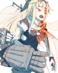 Rule 34 | 1girl, adapted turret, alchera, black gloves, black ribbon, black serafuku, black skirt, blonde hair, blood, blunt bangs, cannon, cowboy shot, fangs, fingerless gloves, gloves, hair flaps, hair ribbon, kantai collection, long hair, machinery, neckerchief, one eye closed, open mouth, pleated skirt, red neckerchief, ribbon, scarf, school uniform, serafuku, skirt, solo, teeth, turret, upper teeth only, white scarf, yuudachi (kancolle), yuudachi kai ni (kancolle)