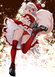 Rule 34 | 1girl, ankle boots, ass, azur lane, black footwear, boots, christmas, commentary request, cross-laced footwear, detached sleeves, frilled sleeves, frills, from behind, from below, fur-trimmed hood, fur trim, fur trimm, gibun (sozoshu), hair ornament, hairclip, hat, high heel boots, high heels, highres, hood, lace-up boots, leg up, long hair, montpelier (azur lane), open mouth, panties, pantyshot, petticoat, pointing, pointing at viewer, red eyes, red panties, red skirt, red thighhighs, sack, santa costume, santa hat, shoe soles, silver hair, skirt, smile, solo, standing, standing on one leg, thighhighs, underwear, very long hair, wedgie