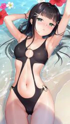 Rule 34 | 1girl, armpits, arms up, black hair, black one-piece swimsuit, blush, breasts, cameltoe, collarbone, day, flower, green eyes, hibiscus, highleg, highleg swimsuit, highres, kurosawa dia, long hair, love live!, love live! sunshine!!, medium breasts, mignon, mole, mole under mouth, navel, o-ring, o-ring swimsuit, one-piece swimsuit, open mouth, outdoors, partially submerged, stomach, swimsuit, thighs, water, wet
