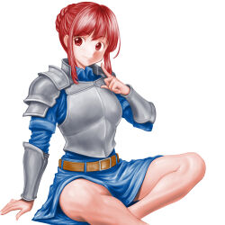 Rule 34 | 1girl, arm guards, armor, armored dress, belt, belt buckle, blue dress, breastplate, brown belt, buckle, closed mouth, collared dress, dress, finger to face, hand up, highres, minamoto80486, red eyes, red hair, ringed eyes, short hair, shoulder armor, simple background, sitting, smile, solo, white background, wizardry