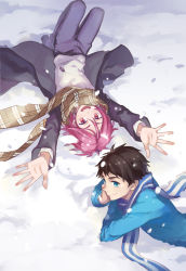 Rule 34 | 10s, 2boys, blue eyes, brown hair, free!, from above, highres, looking at viewer, lying, male focus, matsuoka rin, multiple boys, nanjou (sumeragimishiro), on back, open mouth, red eyes, red hair, scarf, short hair, snow, yamazaki sousuke