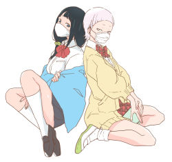 Rule 34 | 2girls, accessory connection, back-to-back, black hair, blue eyes, book, cardigan, chiwa (fcwv5738), crossover, eyebrows, grey eyes, gridman universe, hassu, highres, legs, loafers, long hair, low tied hair, mask, mask senpai, mouth mask, multiple girls, necktie, otome no teikoku, red neckwear, school uniform, scrunchie, shirt, shoes, short hair, silver hair, sitting, socks, ssss.gridman, surgical mask, towel, white shirt, white socks