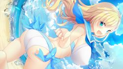 Rule 34 | 1girl, :d, aqua eyes, artist request, ass, back, beach, bikini, blonde hair, blue sailor collar, blue sky, breasts, cloud, covered erect nipples, day, fang, fisheye, hajilove (making lovers), highres, horizon, huge breasts, long hair, looking at viewer, looking back, nail polish, official art, open mouth, outdoors, sailor collar, second-party source, sideboob, sky, smile, solo, swimsuit, trefoil, twisted torso, water drop, white bikini