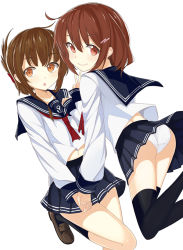 Rule 34 | 10s, 2girls, :o, ass, black socks, blouse, blue skirt, brown hair, cato kobatashi, clothes lift, folded ponytail, hair ornament, hairclip, hand on own chest, holding hands, ikazuchi (kancolle), inazuma (kancolle), kantai collection, kneehighs, leg up, loafers, long sleeves, looking at viewer, midriff, multiple girls, neckerchief, panties, pantyshot, pleated skirt, red neckerchief, sailor collar, school uniform, serafuku, shirt, shoes, short hair, simple background, skirt, skirt lift, smile, socks, thighhighs, underwear, v, white background, white panties