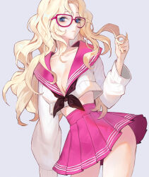 Rule 34 | 1girl, blonde hair, blue eyes, breasts, collarbone, commentary, cowboy shot, cropped sweater, english commentary, glasses, grey background, large breasts, long hair, long sleeves, looking at viewer, midriff, original, oto1 030, pink sailor collar, pink serafuku, pink skirt, pleated skirt, sailor collar, school uniform, serafuku, simple background, skirt, solo, sweater, wavy hair, white sweater