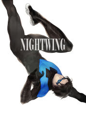 Rule 34 | 1boy, batman (series), bodysuit, boots, character name, dc comics, dick grayson, domino mask, eyin, falling, gloves, male focus, mask, muscular, nightwing, simple background, solo, upside-down
