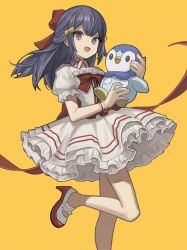 Rule 34 | 1girl, absurdres, alternate costume, blue eyes, blue hair, bow, creature, creatures (company), dawn (pokemon), dress, frilled dress, frills, game freak, gen 4 pokemon, hair bow, high heels, highres, holding, holding creature, holding pokemon, long hair, nintendo, open mouth, piplup, pokemon, pokemon (creature), pokemon bdsp, puffy sleeves, red bow, red footwear, red neckwear, simple background, smile, standing, standing on one leg, white dress, white footwear, yellow background, yellow bow, zumochi