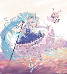 Rule 34 | 1girl, ^ ^, amulet, aqua eyes, aqua hair, argyle, blue dress, cane, cape, closed eyes, commentary, crystal, detached sleeves, dress, framed breasts, frilled dress, frilled sleeves, frills, full body, hatsune miku, highres, holding, holding cane, holding staff, juliet sleeves, layered dress, long hair, long sleeves, looking at another, neck ruff, outdoors, outstretched arm, princess, puffy sleeves, rabbit, rabbit yukine, slippers, smile, snowflakes, staff, standing, strapless, striped sleeves, thighhighs, twintails, very long hair, vocaloid, white sleeves, white thighhighs, yuki miku, yuki miku (2019), yuruyume1224