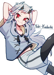 Rule 34 | 1boy, black horns, black leggings, character name, closed mouth, highres, hood, hoodie, horns, leaning back, leggings, long hair, looking at viewer, monster hunter (series), personification, pointy ears, ponytail, red eyes, shirt, shorts, single vertical stripe, smirk, solo, tobi-kadachi, triangle facial mark, user ttug5452, white hair