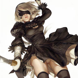 Rule 34 | 1girl, black dress, blindfold, breasts, cameltoe, cleavage cutout, clothing cutout, dress, feiren shaonu, juliet sleeves, long sleeves, nier (series), nier:automata, panties, pantyshot, puffy sleeves, short dress, silver hair, simple background, solo, sword, thighhighs, underwear, upskirt, weapon, 2b (nier:automata)