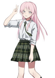 Rule 34 | 1girl, absurdres, bang dream!, bang dream! it&#039;s mygo!!!!!, chihaya anon, collared shirt, commentary, feet out of frame, green necktie, grey eyes, hand up, haneoka school uniform, highres, long hair, looking at viewer, lu guan, necktie, parted lips, pink hair, plaid, plaid skirt, pleated skirt, school uniform, shirt, simple background, skirt, sleeves rolled up, smile, solo, v, white background, white shirt