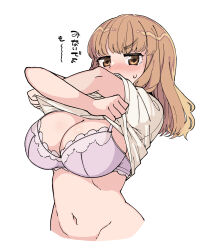 Rule 34 | 1girl, aoi kujira, blunt bangs, blush, bra, breasts, brown eyes, cleavage, clothes lift, cropped torso, girls und panzer, groin, highres, jitome, lace, lace-trimmed bra, lace trim, large breasts, light brown hair, long hair, looking at viewer, navel, pink bra, shirt, shirt lift, short sleeves, sidelocks, simple background, solo, straight hair, sweatdrop, takebe saori, underwear, upper body, white background, white shirt