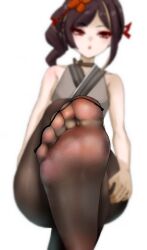 Rule 34 | 1girl, black pantyhose, blurry, brown hair, brown pantyhose, chiori (genshin impact), choker, close-up, depth of field, feet, foot focus, foot up, genshin impact, highres, kukoi, no shoes, pantyhose, presenting foot, red eyes, see-through, sleeveless, soles, solo, toes