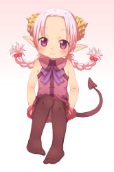 Rule 34 | 1girl, bare shoulders, black pantyhose, borrowed character, braid, child, closed mouth, eyebrows, full body, gradient background, hair bobbles, hair ornament, highres, horns, legs together, long hair, looking at viewer, mamaru, no shoes, original, pantyhose, pink eyes, pink hair, pointy ears, simple background, sitting, solo, tagme, tail, twin braids, ueno musashi