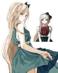 Rule 34 | 1girl, bare shoulders, belt, black bow, bow, bowtie, braid, closed mouth, collared shirt, cropped torso, danganronpa (series), danganronpa 2: goodbye despair, dress, from side, green dress, green eyes, hair bow, highres, long hair, looking at viewer, looking to the side, multiple views, red bow, red bowtie, shirt, smile, sonia nevermind, white belt, white shirt, yochilyee