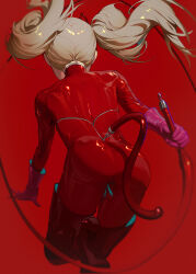 Rule 34 | 1girl, ass, back, blonde hair, bodysuit, boots, cat tail, colored shoe interior, facing away, fajyobore, fake tail, floating hair, from behind, gloves, high heel boots, high heels, highres, holding, holding whip, long hair, persona, persona 5, pink gloves, red background, red bodysuit, red theme, red thighhighs, revision, solo, tail, takamaki anne, thigh boots, thighhighs, twintails, two-sided gloves