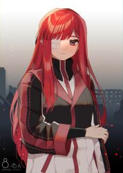 Rule 34 | 1girl, black eyes, black jacket, closed mouth, expressionless, gauze, grey sky, hand on own arm, highres, jacket, limbus company, long hair, long sleeves, looking at viewer, pink hair, project moon, rubble, sidelocks, sky, solo, sweater, touu yaiba, upper body, very long hair, yuri (project moon)