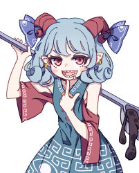 Rule 34 | 1girl, absurdres, bare shoulders, blue dress, blue ribbon, blush stickers, detached sleeves, dress, earrings, highres, holding, holding spoon, horn ornament, horn ribbon, horns, jewelry, kame (kamepan44231), open mouth, oversized object, red eyes, red horns, red sleeves, ribbon, sharp teeth, sheep horns, short hair, simple background, smile, solo, spoon, teeth, touhou, toutetsu yuuma, upper body, white background, white hair