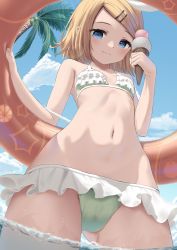 Rule 34 | 1girl, ass, beach, bikini, blonde hair, blue eyes, blue sky, blush, cameltoe, cloud, eyelashes, female focus, flat chest, food, frilled bikini, frills, from below, gluteal fold, green bikini, hair ornament, hairclip, highres, holding, holding food, ice cream, kagamine rin, looking at viewer, midriff, navel, ocean, outdoors, palm tree, raimeso235, raised eyebrows, short hair, sky, smile, solo, stomach, swimsuit, tagme, thighs, tree, vocaloid, water