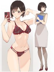 Rule 34 | 1girl, absurdres, bra, breasts, cellphone, closed mouth, commentary, full body, high heels, highres, lingerie, medium breasts, mole, mole on arm, navel, original, panties, pantyhose, pen guin15, phone, red bra, red panties, short hair, smartphone, smile, standing, swept bangs, teacher, underwear