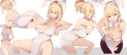 Rule 34 | 1girl, animal ears, ass, bare shoulders, between breasts, black pantyhose, blonde hair, blunt bangs, breasts, breasts apart, card, card in mouth, choker, cleavage, closed mouth, dress, from side, hair between eyes, hair bun, half-closed eyes, hand on own hip, high ponytail, highres, large breasts, leaning forward, looking at viewer, lying, mature female, mikoto akemi, mouth hold, multiple views, on side, original, panties, pantyhose, parted lips, pelvic curtain, playing card, rabbit ears, short dress, sidelocks, single hair bun, sitting, smile, spread legs, tank top, thighs, thong, underwear, wavy hair, white choker, white dress, white neckwear, white panties, white tank top, wrist cuffs, yellow eyes
