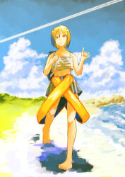 Rule 34 | 1girl, bag, barefoot, beach, blue shorts, brown hair, closed mouth, collarbone, commentary request, contrail, crop top, fox shadow puppet, full body, hair between eyes, highres, inami hatoko, looking at viewer, midriff, navel, ocean, original, outdoors, short hair, shorts, shoulder bag, solo, tank top, yellow eyes