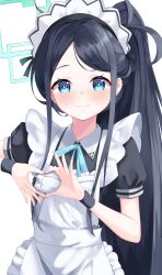 Rule 34 | 1girl, absurdres, apron, aris (blue archive), aris (maid) (blue archive), black dress, black hair, blue archive, blue eyes, blue ribbon, blush, bright pupils, closed mouth, dress, frilled apron, frills, halo, heart, heart-shaped boob challenge, heart hands, highres, long hair, looking at viewer, maid, maid apron, maid headdress, neck ribbon, official alternate costume, ponytail, puffy short sleeves, puffy sleeves, ribbon, ringed eyes, short sleeves, simple background, smile, solo, upper body, very long hair, white background, white pupils, yoowaru