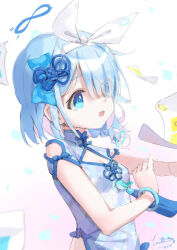 Rule 34 | 1girl, :o, arona (blue archive), blue archive, blue dress, blue eyes, blue hair, blue rope, bow hairband, bracelet, breasts, china dress, chinese clothes, colored inner hair, dress, eyes visible through hair, floral print, gradient background, hair over one eye, hairband, halo, highres, infinity symbol, jewelry, jpeg artifacts, medium hair, multicolored hair, pink background, pink hair, rope, short hair, signature, small breasts, solo, tassel, teeth, two-tone background, two-tone hair, upper body, upper teeth only, whale ornament, white background, white hairband, wittmann (ehvr8373)