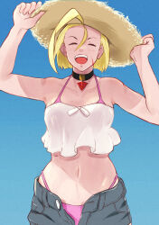 Rule 34 | 1girl, ahoge, bikini, bikini under clothes, blonde hair, cammy white, choker, closed eyes, commentary request, cowboy shot, gradient background, hands on headwear, hat, highres, huge ahoge, navel, open fly, open mouth, pendant choker, scar, scar on face, shirt, short hair, shorts, signature, smile, solo, strapless, strapless shirt, straw hat, street fighter, street fighter 6, sun hat, swimsuit, yuenibushi