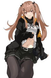 Rule 34 | 1girl, :3, belt, black gloves, black jacket, black pantyhose, black ribbon, black skirt, breasts, brown hair, clothes lift, commentary, english commentary, fingerless gloves, girls&#039; frontline, gloves, hair between eyes, hair ornament, hair ribbon, hairclip, highres, jacket, kneeling, lifting own clothes, light blush, long hair, looking at viewer, medium breasts, midriff, mutugorou u, navel, neck ribbon, pantyhose, pleated skirt, red eyes, ribbon, scar, scar across eye, scar on face, seiza, shirt, shirt lift, sitting, skirt, smile, solo, twintails, ump9 (girls&#039; frontline), white shirt
