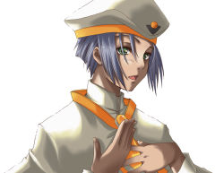 Rule 34 | 00s, 1girl, aria (manga), athena glory, green eyes, hand on another&#039;s chest, hand on own chest, hat, open mouth, short hair, silver hair, simple background, solo, uniform, yuuna katsumi