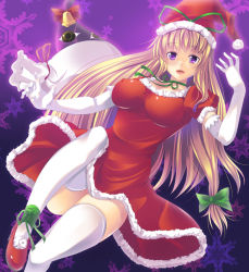 Rule 34 | 1girl, alternate costume, bag, bell, blonde hair, breasts, choker, christmas, covered erect nipples, dress, elbow gloves, female focus, gap (touhou), gloves, hair ribbon, hat, impossible clothes, impossible dress, large breasts, leg ribbon, legs, long hair, looking at viewer, maki (seventh heaven maxion), open mouth, puffy sleeves, purple eyes, red dress, red footwear, red skirt, ribbon, ribbon choker, sack, santa costume, santa hat, shoes, short sleeves, skirt, smile, solo, thighhighs, thighs, touhou, tress ribbon, very long hair, white gloves, white thighhighs, yakumo yukari, zettai ryouiki