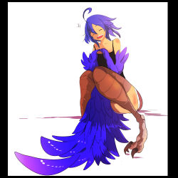 Rule 34 | :d, absurdres, ahoge, ass, bird legs, black tank top, blue feathers, blue hair, blue shirt, brown shorts, claws, closed eyes, feathered wings, feathers, flat chest, harpy, highres, hinekure-boy, monster girl, monster musume no iru nichijou, open mouth, papi (monster musume), shirt, short shorts, shorts, simple background, smile, talons, tank top, thick thighs, thighs, white background, wide hips, wings