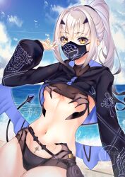 Rule 34 | 1girl, absurdres, beach, bikini, black bikini, black jacket, blue sky, breasts, chouchou (austin), cropped jacket, dragon wings, fate/grand order, fate (series), forked eyebrows, high ponytail, highres, jacket, long hair, long sleeves, looking at viewer, mask, melusine (fate), melusine (swimsuit ruler) (fate), melusine (swimsuit ruler) (first ascension) (fate), mouth mask, navel, pubic tattoo, shore, shrug (clothing), sidelocks, sky, small breasts, solo, swimsuit, tail, tattoo, thighlet, white hair, wings, yellow eyes