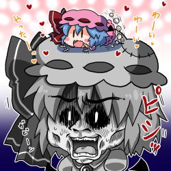 Rule 34 | 1girl, :3, bad id, bad pixiv id, bat wings, blue hair, blush, blush stickers, bow, chibi, fang, female focus, flailing, hat, hat bow, heart, lying, mini person, minigirl, mob cap, noai nioshi, on head, patch, person on head, remilia scarlet, short hair, surprised, touhou, turn pale, wings, | |