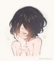Rule 34 | 1girl, 1other, black hair, blush, completely nude, covering another&#039;s mouth, cropped torso, crying, closed eyes, hand on another&#039;s face, nihellie, nude, original, pov, pov hands, short hair, simple background, smile, solo focus, tears, twitter username, white background
