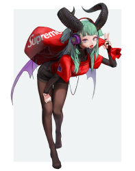 Rule 34 | 1girl, aqua hair, black pantyhose, black shorts, fang, full body, headphones, headset, highres, horns, jewelry, layered sleeves, leaning forward, pantyhose under shorts, long hair, long sleeves, looking at viewer, microphone, open mouth, original, pantyhose, purple eyes, purple wings, red bag, red shirt, ring, rinotuna, shadow, shirt, short over long sleeves, short sleeves, shorts, solo, standing, supreme (brand), thumb ring, tongue, tongue out, transparent, transparent wings, v, wings