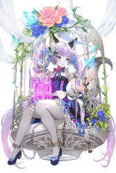 Rule 34 | 1girl, animal ears, bell, bow, bowtie, bug, butterfly, cage, chain, cuffs, dress, eyelashes, flat chest, flower, fox, fox ears, fox tail, hair bow, hair flower, hair ornament, hand up, high heels, highres, in cage, insect, jar, jingle bell, lace, lace-trimmed dress, lace trim, light particles, lipstick, lock, lolita fashion, long hair, looking to the side, magic, makeup, original, pale skin, pantyhose, plant, puffy sleeves, purple eyes, purple hair, rose, shackles, simple background, sitting, solo, tail, tob, twintails, vines, white background, white pantyhose