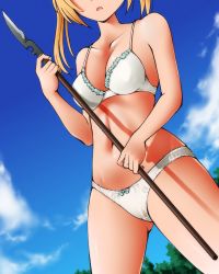 Rule 34 | 1girl, bare arms, bare shoulders, blue sky, bow, bow panties, bra, breasts, cleavage, cloud, collarbone, commentary request, cover, day, dr rex, dutch angle, fake cover, gluteal fold, head out of frame, holding, holding spear, holding weapon, medium breasts, navel, onishima homare, outdoors, panties, parted lips, polearm, sky, solo, sounan desuka?, spear, translation request, underwear, underwear only, weapon, white bra, white panties
