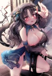 Rule 34 | 1girl, absurdres, anklet, areola slip, azur lane, bare shoulders, blue dress, blush, branch, breasts, brown hair, chair, cleavage, detached sleeves, dress, hand fan, highres, jewelry, large breasts, long hair, nipple slip, nipples, no bra, no panties, official alternate costume, ooshio (azur lane), ooshio (bringer of fortunes) (azur lane), pussy, red eyes, shortstack, solo, suikan pipe, uncensored