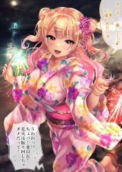 Rule 34 | 1girl, absurdres, beach, blonde hair, blurry, breasts, commentary request, depth of field, double bun, earrings, fangs, fireworks, floral print, flower, full moon, gradient hair, gyaru, hair bun, hair flower, hair ornament, hairclip, highres, holding, holding fireworks, iinchou (shashaki), japanese clothes, jewelry, kimono, large breasts, lighthouse, looking at viewer, mole, mole under mouth, moon, multicolored hair, night, obi, ocean, open mouth, original, outdoors, pov, print kimono, purple eyes, sandals, sash, shashaki, smile, solo, sparkler, tan, translation request, twintails, water, wide sleeves