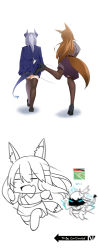 Rule 34 | 2girls, absurdres, animal ears, arknights, black hair, black skirt, brown hair, chibi, chisato and takina kicking each other&#039;s butt (meme), dragon girl, dragon horns, dragon tail, fang, fox ears, fox girl, fox tail, franka (arknights), from behind, glycine bleumer, grey hair, grey shirt, highres, horns, kicking, liskarm (arknights), lycoris recoil, meme, multiple girls, open mouth, parody, ponytail, running, scene reference, shirt, simple background, skin fang, skirt, tail, to be continued, white background, xllam
