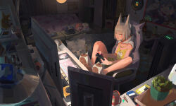 Rule 34 | 1boy, 1girl, absurdres, animal ears, bed, cat ears, cat slippers, chair, character doll, controller, desk, dromarch (xenoblade), facial mark, game controller, gaming chair, gb (1025385142), grey hair, highres, monitor, mythra (xenoblade), nia (xenoblade), poppi (xenoblade), pyra (xenoblade), rex (xenoblade), short hair, sleeping, strap slip, swivel chair, tank top, tora (xenoblade 2), whisker markings, xenoblade chronicles (series), xenoblade chronicles 2, yellow eyes