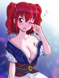 Rule 34 | 1girl, absurdres, bare shoulders, blush, breasts, cleavage, collarbone, commentary, english commentary, hair bobbles, hair ornament, highres, large breasts, one eye closed, onozuka komachi, open mouth, red eyes, red hair, short hair, solo, touhou, twintails, zawabug